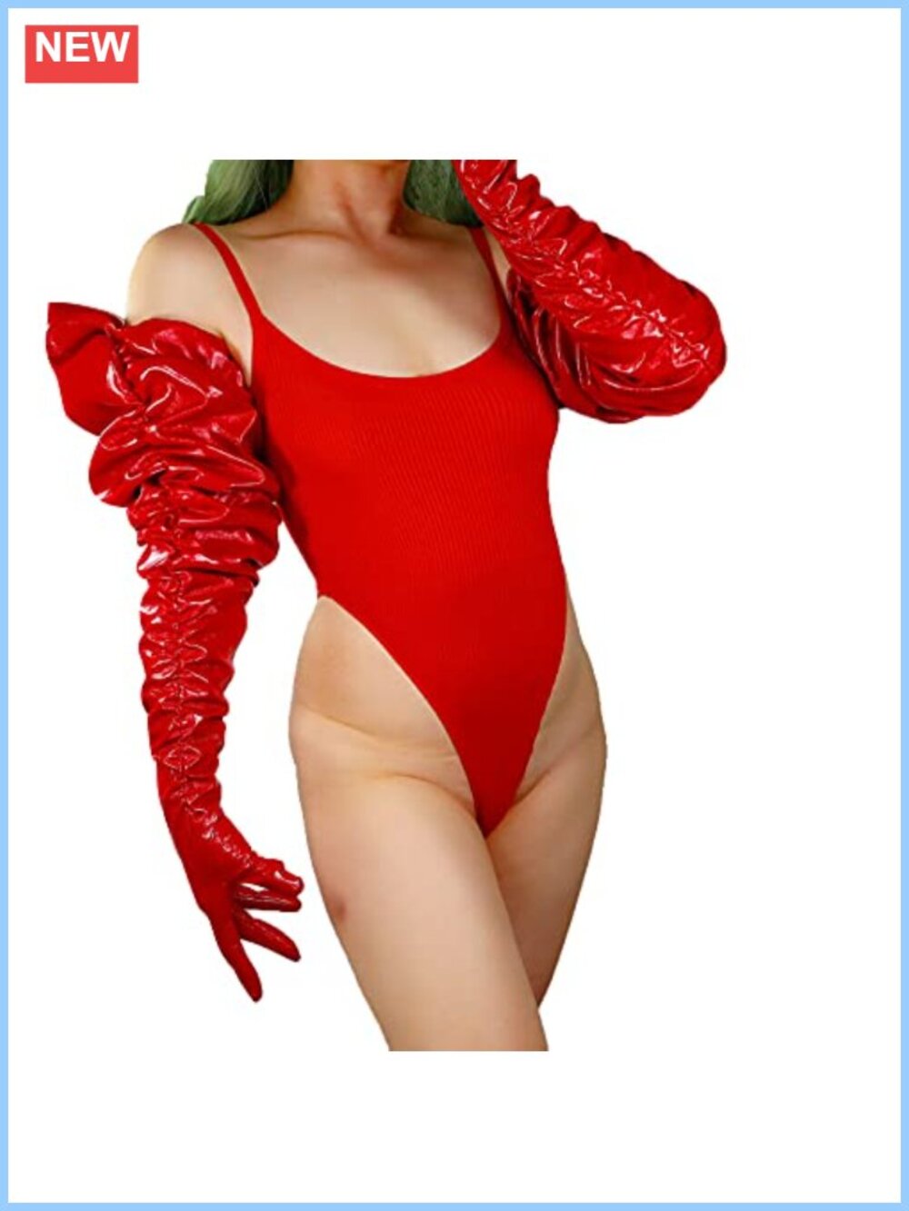 Long Ruched Faux Leather Gloves Shoulder Puff Sleeve Evening Costume